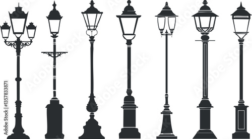 Silhouettes of vintage street lamps in black and white design.
