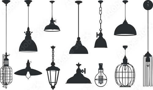 Silhouette vector illustration of various hanging pendant lamps.