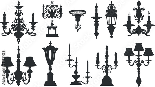 Collection of ornate chandelier and lamp silhouettes in black on white.