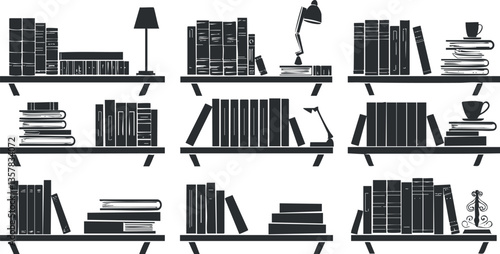Silhouette illustration of bookshelves with books, lamp, and decor elements.