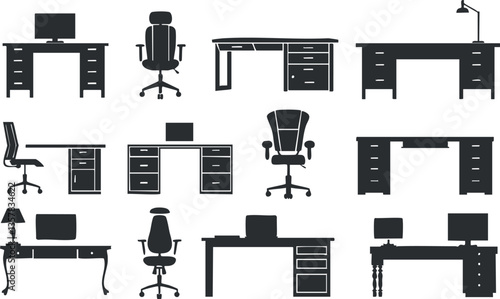 Silhouettes of various office desks and chairs in black and white.