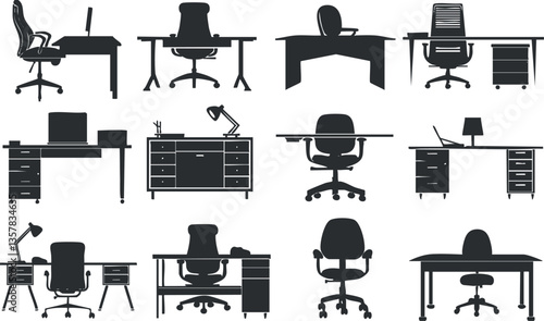 Silhouettes of various office furniture including desks and chairs.