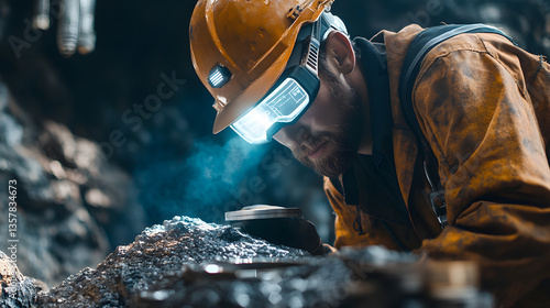 A miner with futuristic gear inspects an ore rock sample in an industrial lab, using advanced scanning tools and digital equipment.