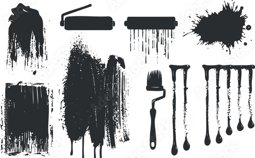 Black paint splatters, rollers, and brushes on a white background.