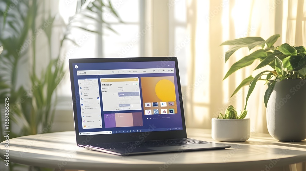 Digital Workspace Serenity: A modern laptop displaying a dynamic interface, nestled on a minimalist table in a sunlit room, flanked by lush plants. Digital Workspace Serenity: A modern laptop displaying a dynamic interface, nestled on a minimalist table in a sunlit room, flanked by lush plants.