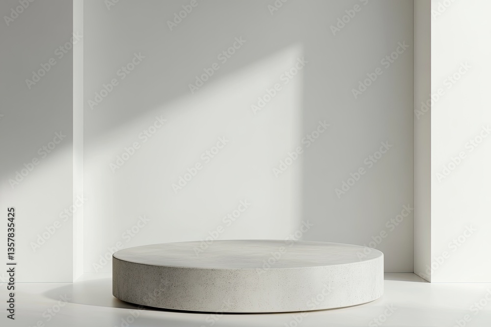 Simple, minimalist, light-filled display podium. Empty round pedestal against a clean white backdrop, bathed in natural light Simple, minimalist, light-filled display podium. Empty round pedestal against a clean white backdrop, bathed in natural light