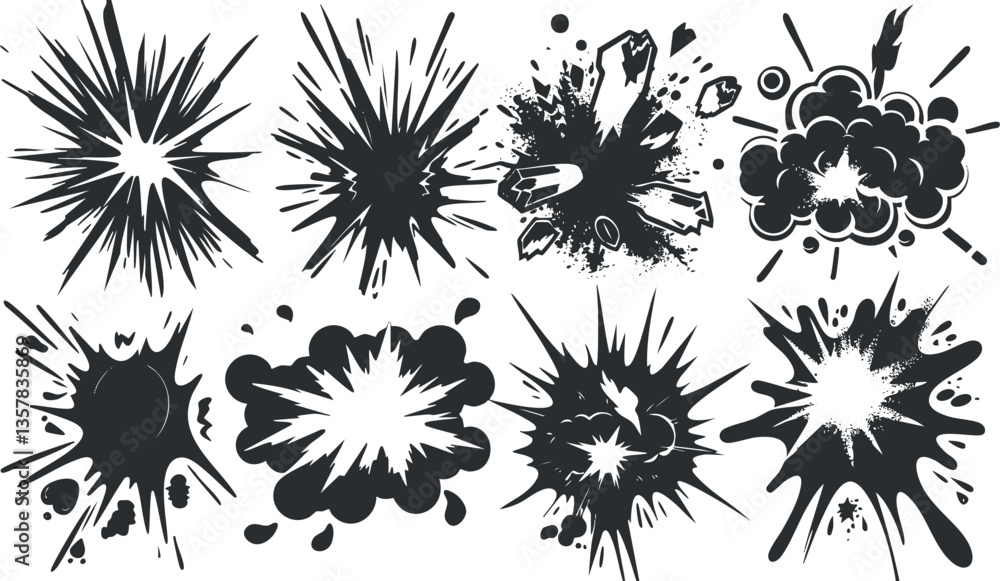 Collection of abstract explosion and splash illustrations in black and white. Collection of abstract explosion and splash illustrations in black and white.