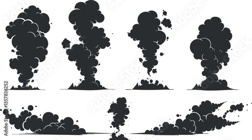 Cartoon smoke explosion vector illustration with various plume shapes.