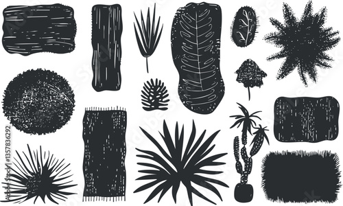 Silhouette illustration of various botanical elements and plant shapes.