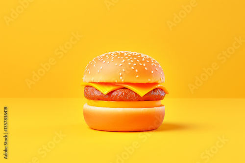A delicious hamburger with melted cheese on a bright yellow background, creating a minimal and modern food concept