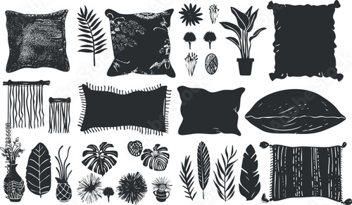 Silhouette illustration of cushions and plants for home decor design.