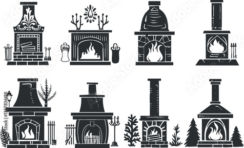 Set of black and white fireplace silhouettes for design and decoration.