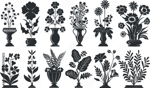 Silhouette illustrations of various floral arrangements in decorative vases.
