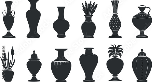 Silhouette collection of decorative vases in various classic styles.