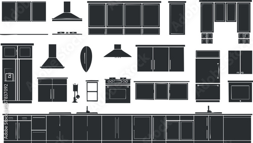 Stylized silhouette of kitchen cabinets and appliances in black and white.
