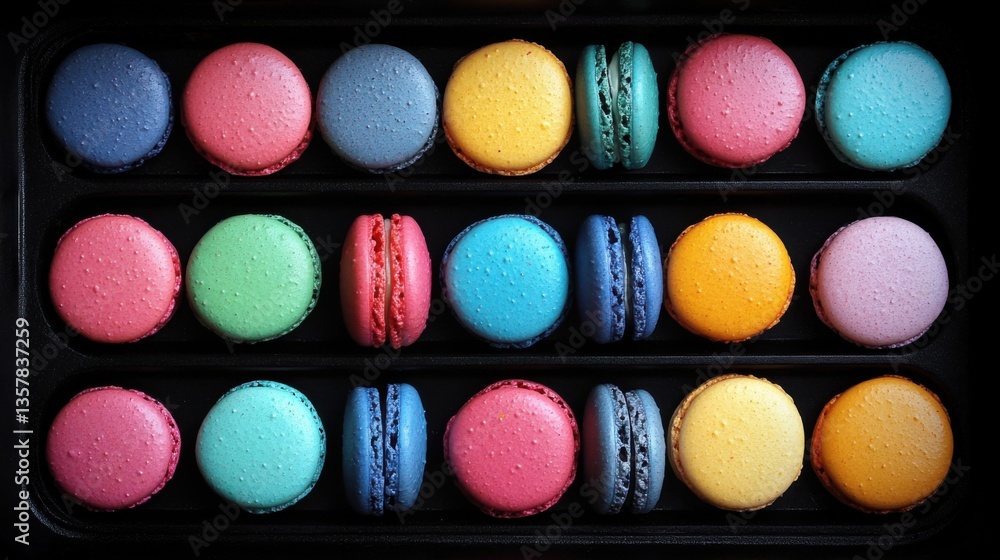 Colorful macarons, black background. Generative AI Colorful macarons, black background. Generative AI