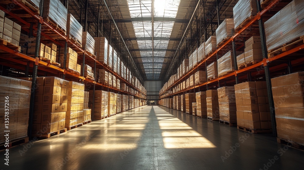 Numerous stacked boxes are aligned in rows on shelving units within a vast warehouse. Natural light filters through windows, creating a bright and efficient storage environment. Numerous stacked boxes are aligned in rows on shelving units within a vast warehouse. Natural light filters through windows, creating a bright and efficient storage environment.