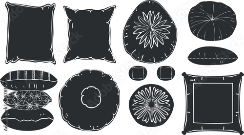 Black and white vector illustration of various decorative pillows.