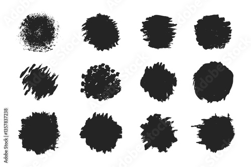 Set of black grunge paint circles in rough ink style