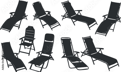 Silhouette collection of various folding lounge chairs for outdoor relaxation.
