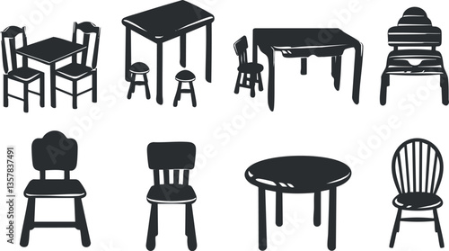 Silhouette illustrations of various chairs and tables in black and white.