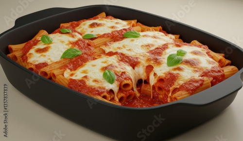 A delicious oven-baked ziti dish with tomato sauce, cheese, and basil,