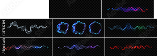 Glowing neon swirl rings forming circular frames with dynamic wave effect, creating futuristic motion and energy. Abstract modern tech and sound equalizer design element. Vector illustration