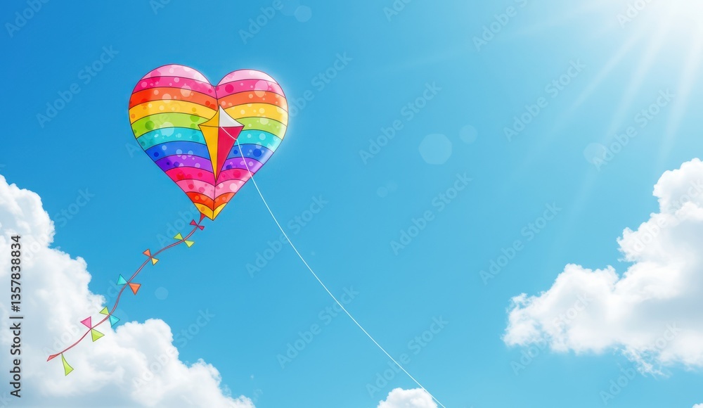 Fototapeta premium Heart-shaped rainbow kite soars in a bright blue sky with fluffy clouds,