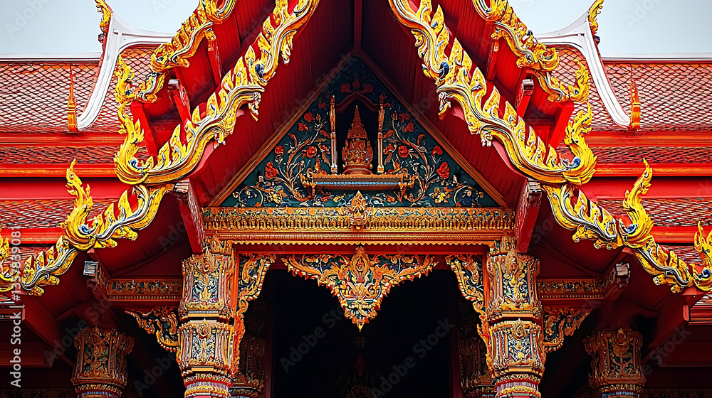 Fototapeta premium Ornate red and gold temple architecture with intricate carvings and decorative motifs creating a vibrant and detailed facade.