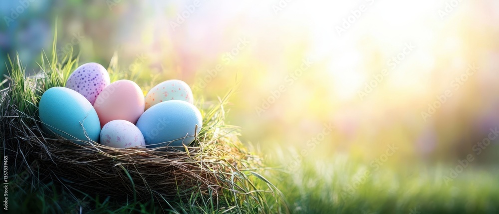 Obraz premium A nest filled with numerous eggs rests gently on a bed of lush green grass, showcasing nature's delicate beauty and the promise of new life.