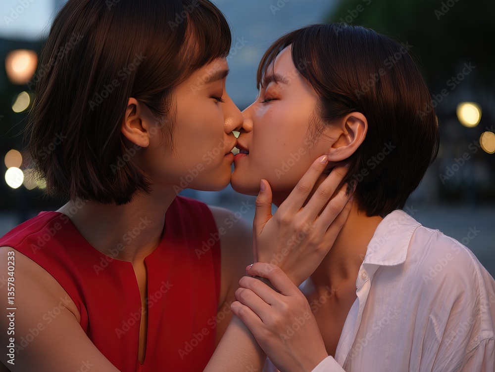 Naklejka premium Two women sharing a romantic kiss in a softly lit urban setting