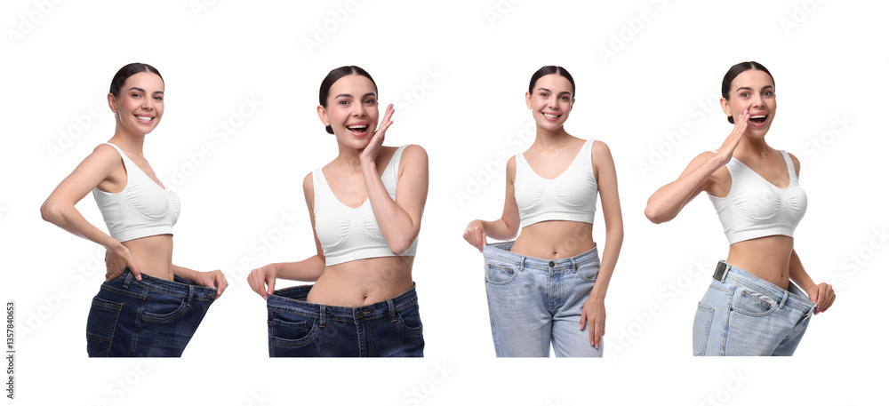 Naklejka premium Diet and weight loss. Happy woman in big jeans showing her slim body on white background, collage