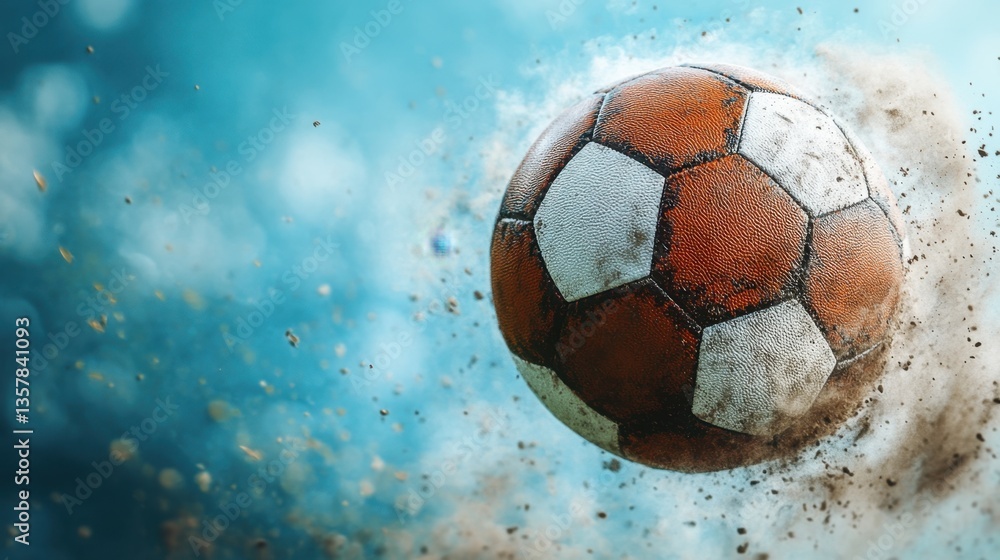Naklejka premium Dynamic soccer ball in motion with dust cloud on blue background