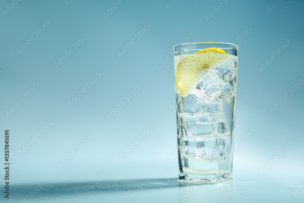 Soda water with lemon and ice cubes in glass on light blue background, space for text Soda water with lemon and ice cubes in glass on light blue background, space for text