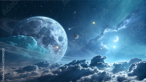 A mesmerizing cosmic scene showcasing a giant glowing moon surrounded by celestial bodies, bright stars, distant planets, shooting comets, and fluffy clouds illuminated in a surreal blue atmosphere — 