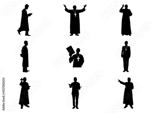 Wallpaper Mural Set of Pastor with Christian Cross and Bible Silhouette in various poses isolated on white background Torontodigital.ca