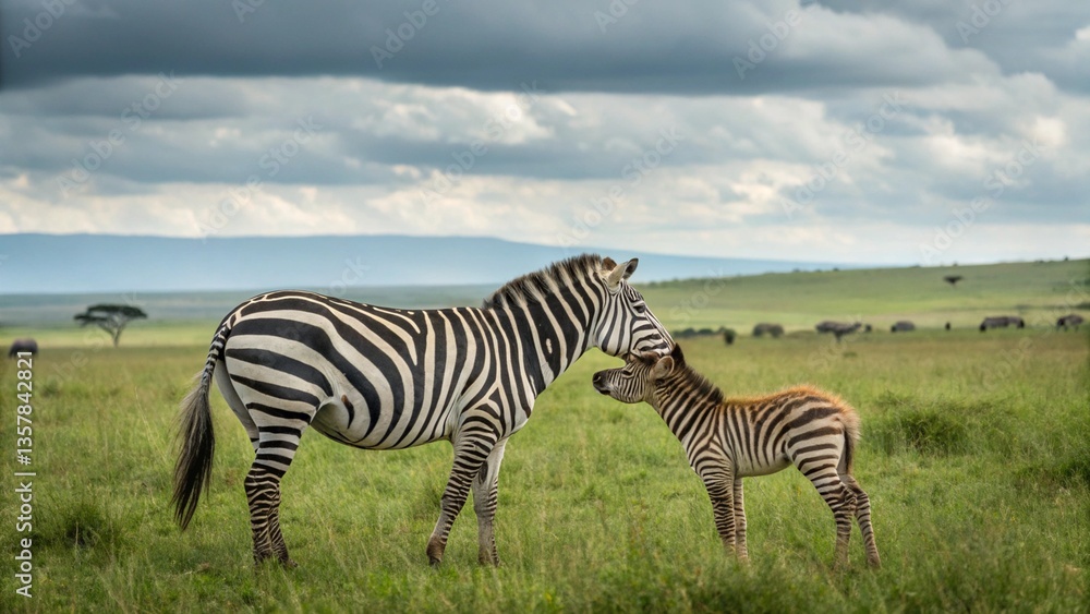 Naklejka premium Zebra Mother and Foal in African Savannah — Heartwarming Wildlife Moment