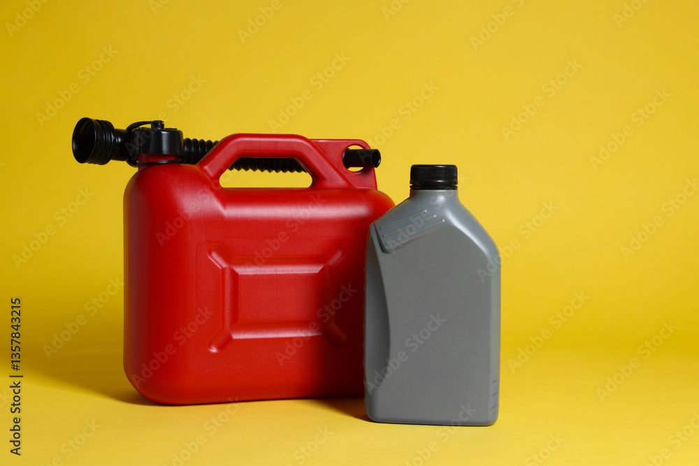 Two colorful plastic canisters on yellow background Two colorful plastic canisters on yellow background