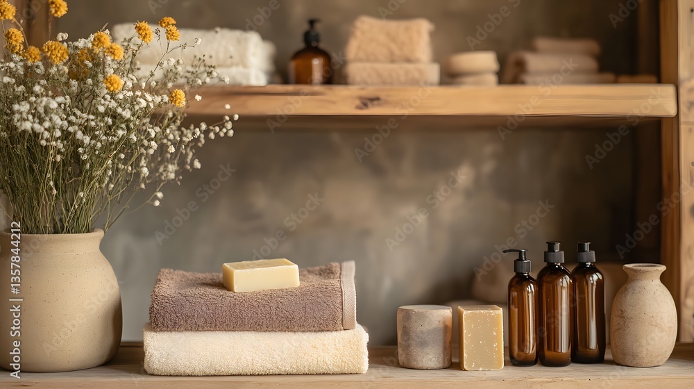 Rustic bathroom shelf with toiletries: A serene shelf displays stacked towels, soaps, and lotion bottles, alongside a vase of delicate flowers, capturing a sense of tranquility and natural simplicity. Rustic bathroom shelf with toiletries: A serene shelf displays stacked towels, soaps, and lotion bottles, alongside a vase of delicate flowers, capturing a sense of tranquility and natural simplicity.