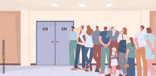 Waiting line at toilet. Men women and children stand in queue in hygiene room. Wait WC in office center, mall or public building, vector scene