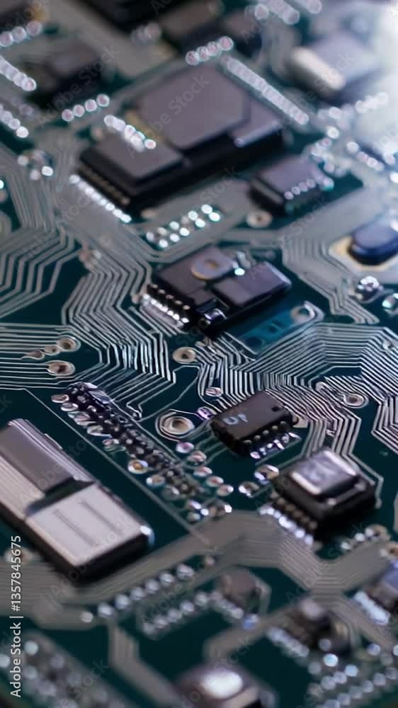 Vertical screen, multiple close up views of an electronic circuit board highlight various components, creating a sense of shifting focus and examination Vertical screen, multiple close up views of an electronic circuit board highlight various components, creating a sense of shifting focus and examination