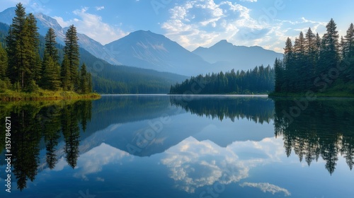 A beautiful mountain lake reflecting trees and clouds at sunrise