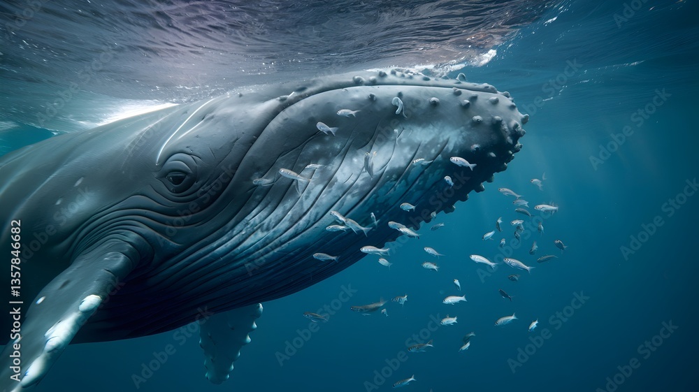 Naklejka premium Whale underwater with fish swimming nearby