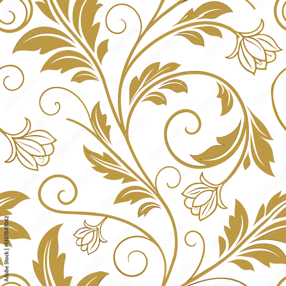 Seamless pattern of golden floral elements with leaves and flowers on a white background, elegant design, decorative, vintage style Seamless pattern of golden floral elements with leaves and flowers on a white background, elegant design, decorative, vintage style
