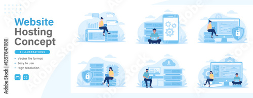 Web hosting modern flat illustration. Set of tiny people with laptop and computer repairing programs of server system and database. Vector graphic design for web design and other purposes.