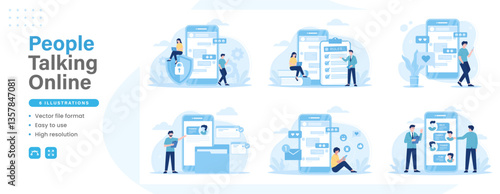 People talking online modern flat illustration. Set of people are chatting online using smartphones via chat applications and social media. Vector graphic design for web design and other purposes.