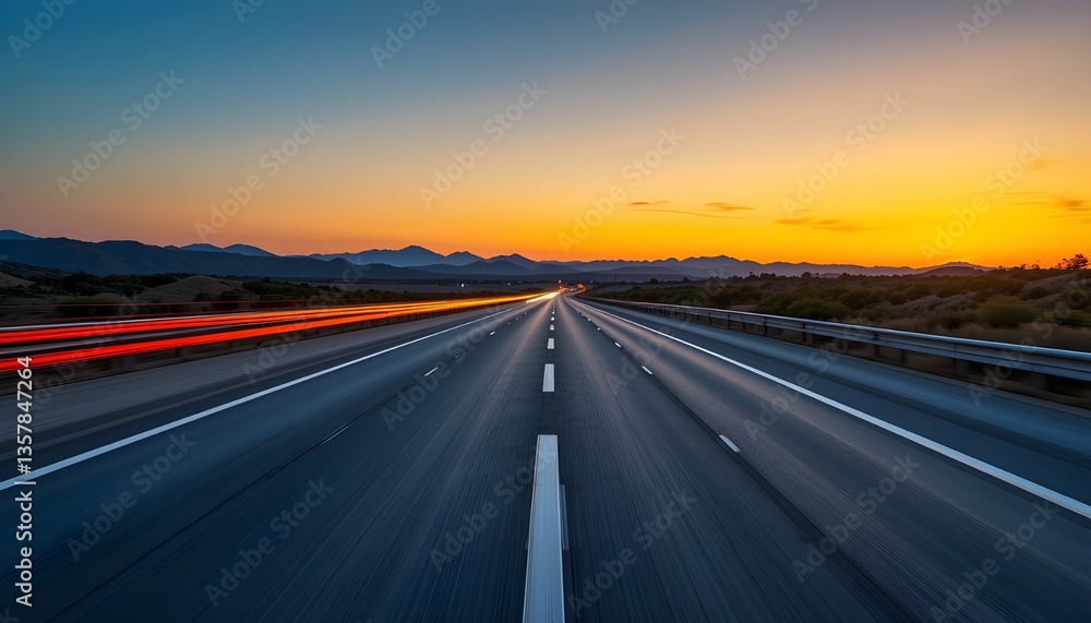 A long exposure photo of a highway at sunset, with light trails from cars creating streaks across the horizon. The road leads into the distance, with hills in the background, evoking a sense of speed. A long exposure photo of a highway at sunset, with light trails from cars creating streaks across the horizon. The road leads into the distance, with hills in the background, evoking a sense of speed.