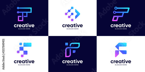 Abstract letter F logo set. future symbol for business, digital, connection, data.