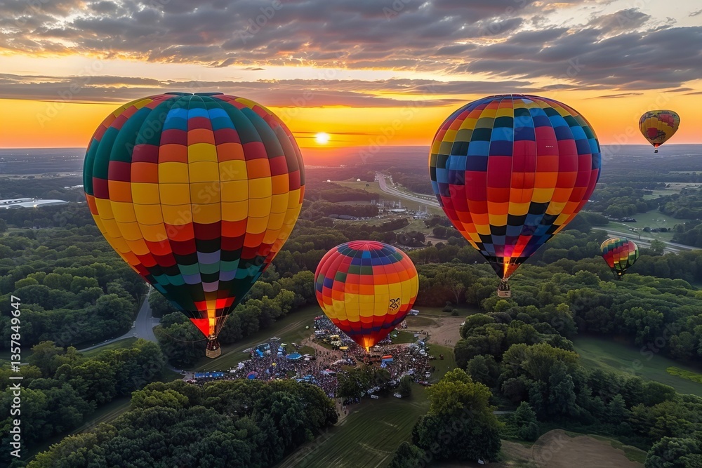 Fototapeta premium Drone captures stunning sunrise shot of vibrant hot air balloon festival in the air.