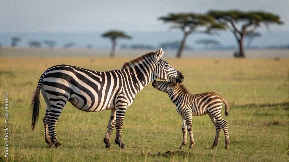 Obraz premium Zebra Mother and Foal in Serengeti — Heartwarming Wildlife Connection